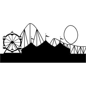 May include: Black and white silhouette of a carnival or amusement park with a Ferris wheel, roller coaster, and tent.