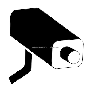 May include: Black and white silhouette of a security camera with a lens on the front.