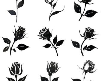 Elegante zwart-witte roos-illustratiescollectie voor directe download van clipart en sublimatieontwerp
