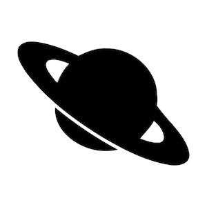 Op de afbeelding: Een zwart silhouet van de planeet Saturnus met zijn ringen.