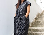 Quilted vest women, Puffy jacket zipper, Black long cardigan, Waistcoat women vest V0016