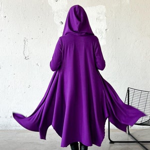 Lila Mantel mit Kapuze, Woll Winterumhang, gestrickter Mittelalter Umhang, langer offener Cardigan, Hexenumhang, Fantasy Umhang Mantel, Plus Size Pullover Mantel