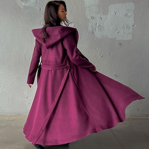 Long Hooded Coat, Winter Princess Coat, Burgundy Victorian Coat, Vintage Trench Coat, Wool Maxi Trench Coat