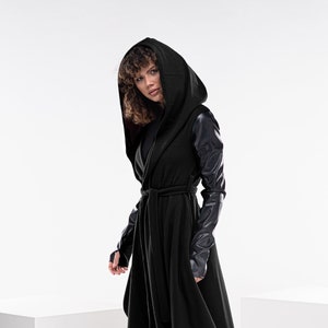 Witch Black Cloak, Fantasy Cape Hoodie, Long Cyberpunk Jacket, Long Wrap Cardigan, Avant Garde Clothing