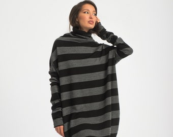 Turtleneck Sweater Dress, Wool Knit Jumper Dress, Asymmetrical Striped Dress, Goth Off Shoulder Dress, Edgy Clothing