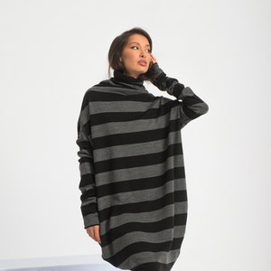 Turtleneck Sweater Dress, Wool Knit Jumper Dress, Asymmetrical Striped Dress, Goth Off Shoulder Dress, Edgy Clothing