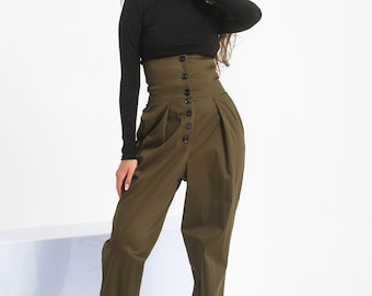 Pantalon steampunk taille haute, sarouel femme, pantalon à plis en coton, vêtements cyberpunk