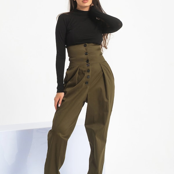 Pantalon steampunk taille haute, sarouel femme, pantalon à plis en coton, vêtements cyberpunk