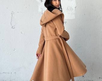 【最終値下げ】WEWILL HOODED COAT beige Size 3 Winter Fit and Flare Coat, Midi Swing Coat, Warm Princess Coat
