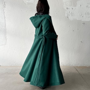 Dark Green Princess Coat, Hooded Swing Coat, Handmade Winter Coat, Elegant Wool Coat, Avant Garde Clothing, Maxi Warm Trench Coat