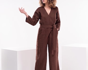 Chocolate Brown Linen Wrap Jumpsuit, Women's Wide Leg Overalls, Plus Size Romper