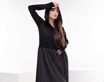 Black Hooded Dress, Long Gothic Dress, Winter Maxi Dress, Plus Size Witch Dress, Black Sweater Dress, Steampunk Clothing Women