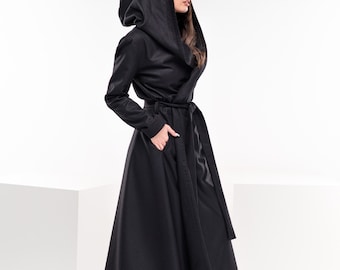 Casaco de lã estilo swing, sobretudo longo, casaco longo princesa, casaco de inverno com capuz, casaco eduardiano, casaco gótico preto, roupas de vanguarda