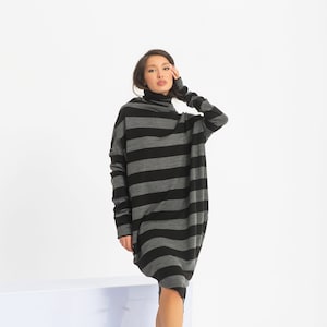 Stripe Sweater Dress, Asymmetrical Jumper Dress, Wool Winter Maxi Dress, Warm Knitted Dress