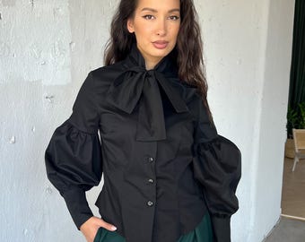 Long Sleeve Black Victorian Shirt : Cotton Bell Sleeve Gothic Blouse