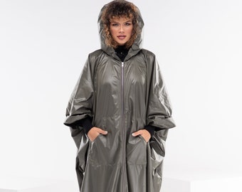 Rain Cyberpunk Jacket, Asymmetrical Oversized Raincoat