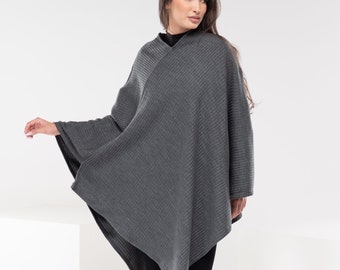 Knit Plus Size Poncho, Gray Gothic Cape, Knitted Goth Jumper, Wool Winter Poncho Women, Plus Size Goth Clothing
