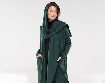 Green Wool Witch Cloak, Medieval Cape Femme, Long Gothic Cape, Long Hooded Cardigan, Long Sweater Princess Coat, Open Knit Cardigan