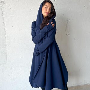 Dark Blue Wool Cloak with Hood, Asymmetrical Maxi Cape, Winter Wizard Cloak, Viking Cloak, Knitted Medieval Cloak, Witch Cloak