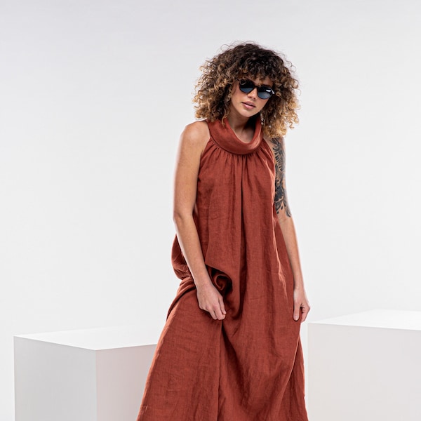 Ärmelloses Leinen Kleid, Sommer High Neck Kleid, Langes Leinen Kaftan Kleid, Plus Size Maxi Kleid, Leinen Hausmantel, Nachhaltige Kleidung