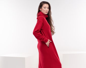 Long Red Knit Dress, Winter Maxi Dress, Wool Floor Length Dress, Turtleneck Autumn Dress, Warm Jumper Dress