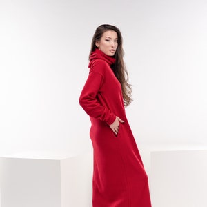 Robe longue rouge en tricot, robe longue d'hiver, robe longue en laine, robe d'automne à col roulé, robe pull chaude