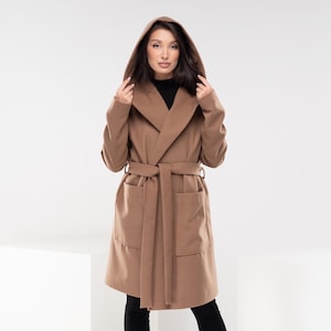 Warm Winter Trench Coat, Camel Wool Coat, Edwardian Coat, Wrap Coat with Belt, Maxi Cape Coat, Autumn Goth Jacket