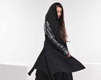 Black Winter Cloak, Asymmetrical Wool Cape Coat, Hooded Fantasy Cloak, Wool Sweater Coat Women, Long Goth Jacket