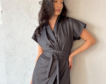 Japanese Wool Kimono Dress, Maxi Wrap Dress, Fall Midi Dress with Pockets, Formal Tie Waist Dress, Obi Belt Winter Dress, Gray Wool Dress