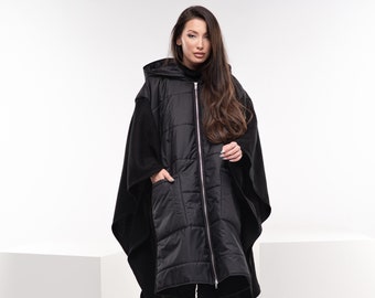 Black Winter Poncho, Plus Size Cyberpunk Jacket, Oversized Asymmetrical Jacket, Warm Quilted Jacket, Post Apocalyptic Jacket, Edgy Clothing