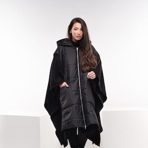 Black Winter Poncho, Plus Size Cyberpunk Jacket, Oversized Asymmetrical Jacket, Warm Quilted Jacket, Post Apocalyptic Jacket, Edgy Clothing