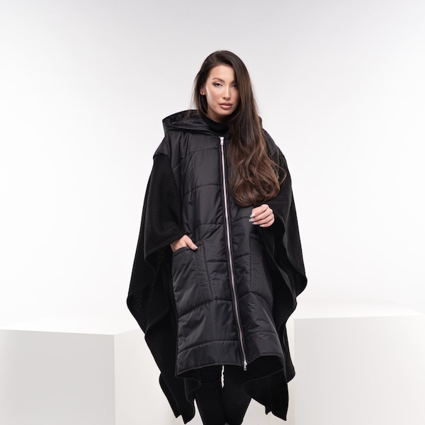 Schwarzer Winter Poncho, Plus Size Cyberpunk Jacke, Übergroße asymmetrische Jacke, Warme Steppjacke, Post Apocalyptische Jacke, Edgy Kleidung