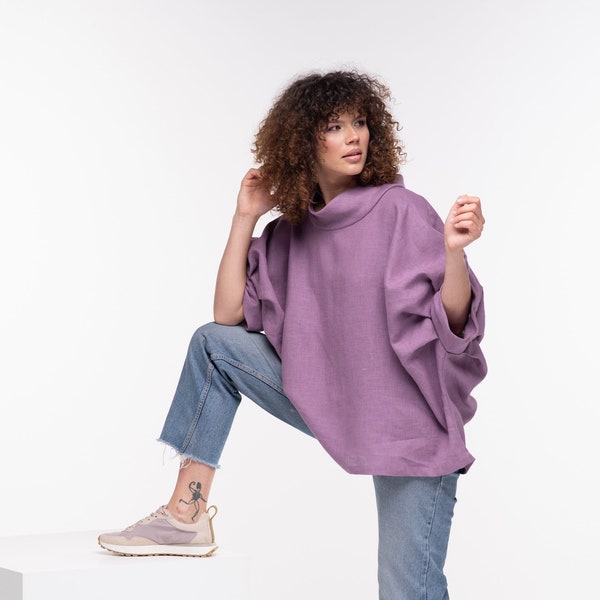 Chemisier oversize en lin, haut tunique en lin, hauts en lin pour femme, tunique d'été en lin, chemise kimono en lin