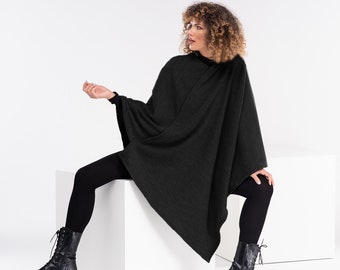 Poncho tricoté plus taille, cape gothique noire, pull goth tricoté, poncho d’hiver en laine femmes, vêtements goth taille plus