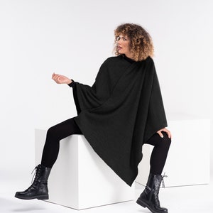 Knit Plus Size Poncho, Black Gothic Cape, Knitted Goth Jumper, Wool Winter Poncho Women, Plus Size Goth Clothing image 1