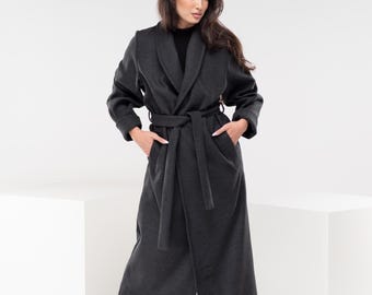 Long Wool Coat, Dark Grey Steampunk Coat, Oversized Autumn Coat, Maxi Goth Plus Size Coat