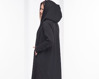 Long Hooded Wool Coat, Chunky Maxi Cardigan, Winter Cape, Black Gothic Hoodie