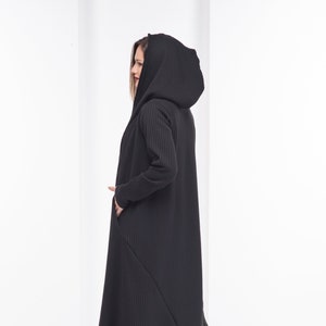 ロングフード付きウールコート、チャンキーマキシカーディガン、冬用ケープ、ブラックゴシックパーカー