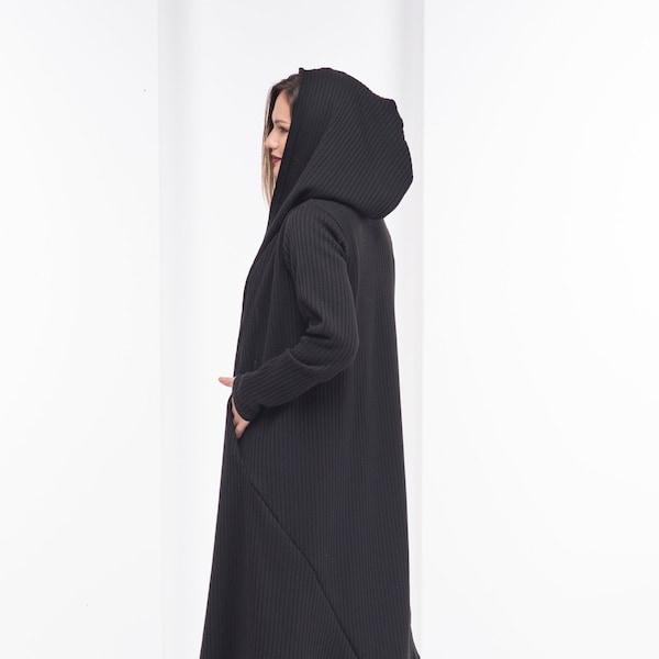 Long Hooded Wool Coat, Chunky Maxi Cardigan, Winter Cape, Black Gothic Hoodie