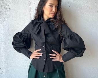 Black Fall Shirt, Button Down Shirt, Victorian Blouse, Goth Cyberpunk Top, Puff Sleeves Cotton Blouse