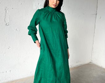 Loose Linen Dress, Puff Sleeve Linen Dress, Linen Turtleneck Dress, Long Linen Dress, Summer Maxi Dress, Romantic Dress, Green Linen Dress