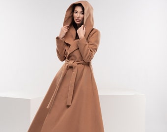 Long Princess Trench Coat, Hooded Winter Cape Coat, Camel Wool Swing Coat, Vintage Style, Sustainable Capsule Wardrobe, Maxi Coats