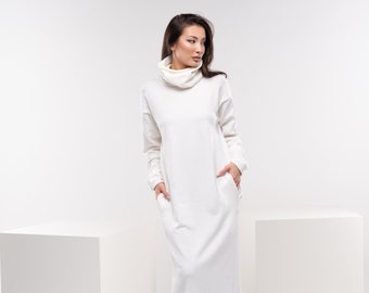 White Sweater Dress Women, Plus Size Maxi Dress, Wool Dress with Pockets, Knitted Winter Dress, White Jumper Dress