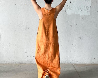 Linen Maxi Dress, Sleeveless Summer Dress, Orange Maxi Dress, Linen Pinafore Dress, Racerback Dress with Pockets, Linen Beach Dress