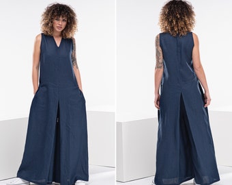 Long Linen Palazzo Jumpsuit, Plus Size Linen Jumpsuit Women, Linen Overalls Women, Maxi Wide Leg Jumpsuit, Japanese Clothing