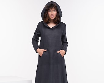 Linnen hooded jurk, linnen maxi jurk, linnen hoodie jurk, linnen zwarte jurk, plus size maxi jurk