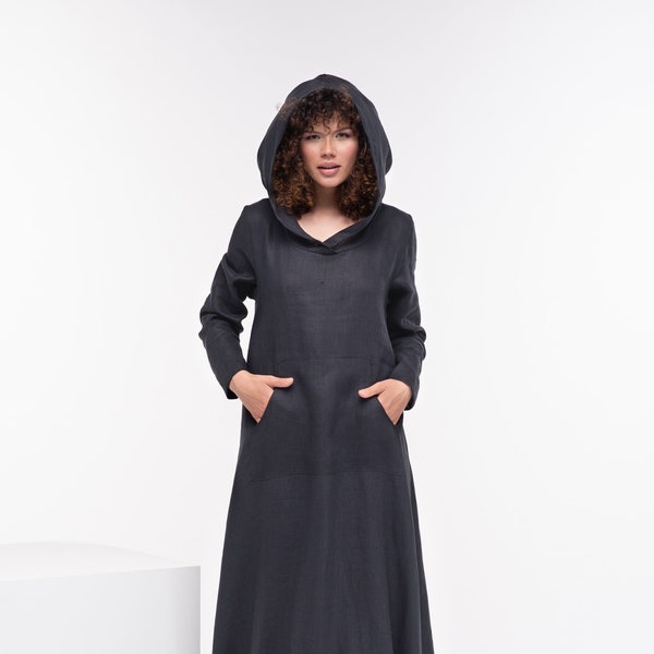 Linen Hooded Dress, Linen Maxi Dress, Linen Hoodie Dress, Linen Black Dress, Plus Size Maxi Dress