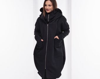 Felpa oversize nera, cappotto cyberpunk in cotone, felpa con cappuccio asimmetrica taglie forti