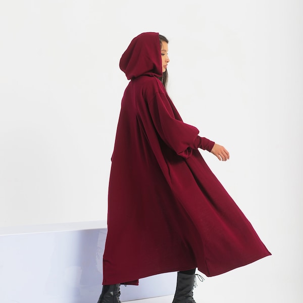 Long Hooded Witch Cloak, Winter Wool Cape Coat, Long Sweater Coat, Goth Plus Size Clothing