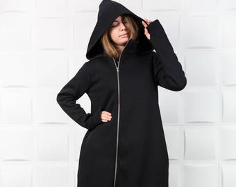 Manteau d’hiver, manteau taille plus, manteau à capuche, veste en coton noir, manteau ample, manteau asymétrique, manteau minimaliste, veste streetwear, manteau en coton